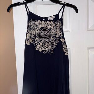 Eyeshadow Navy Blue Tank Top with Cream Floral Embroidery